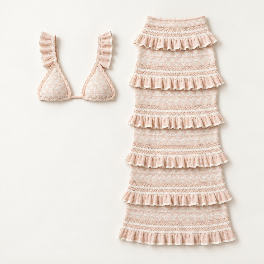 BLITHE Blush Pink Ruffle Knit Crop Top Maxi Skirt Set Vacation Resort NWT
